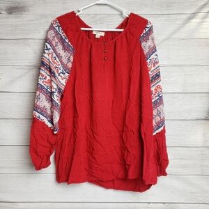 Women's Style & Co Red‎ Textured Boho Peasant Shirt Sz L